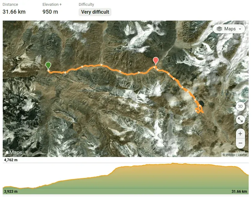 Day 3 map of the Minglik Sar climbing route reaching the Shimshal Pass