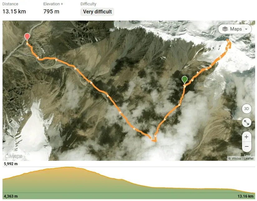Day 7 summit push map of Minglik Sar at 6050 meters
