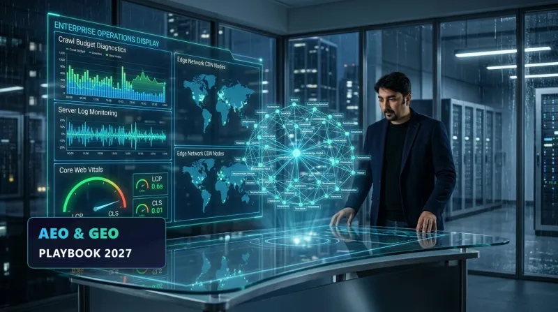Enterprise AEO, GEO, and technical SEO architecture dashboard with Core Web Vitals gauges and knowledge graph
