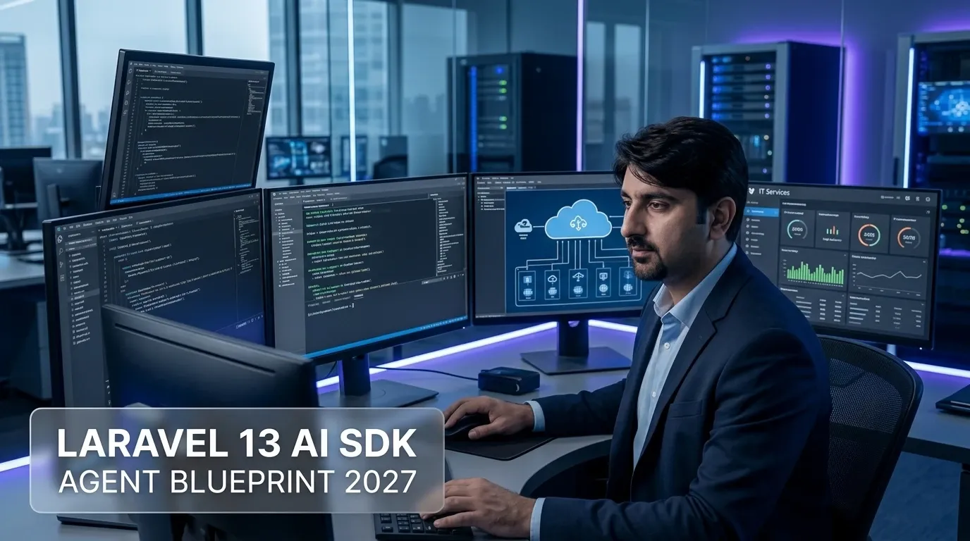 Goher Khan analyzing autonomous AI agent architecture on futuristic Laravel 13 AI SDK control console
