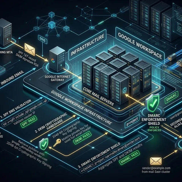 Google Workspace SPF DKIM DMARC Email Security and Domain Routing Architecture Diagram