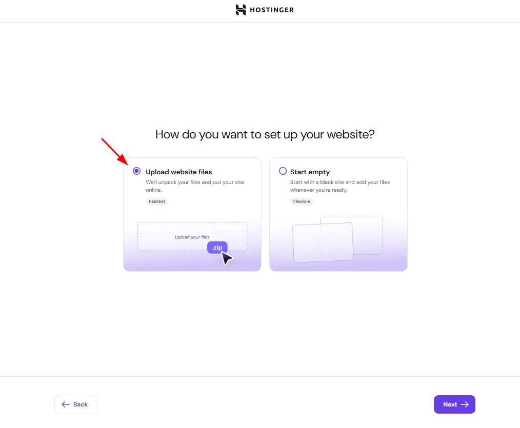 Hostinger streamlined website onboarding wizard allowing automated file upload or blank setup