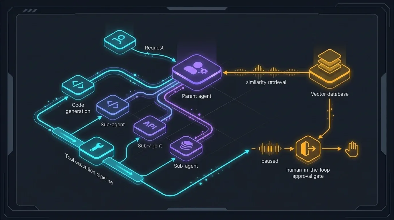 Clean engineering schematic of Laravel 13 AI SDK multi-agent workflow showing parent agent delegation, tool execution pipeline, human approval gate, and vector database similarity retrieval