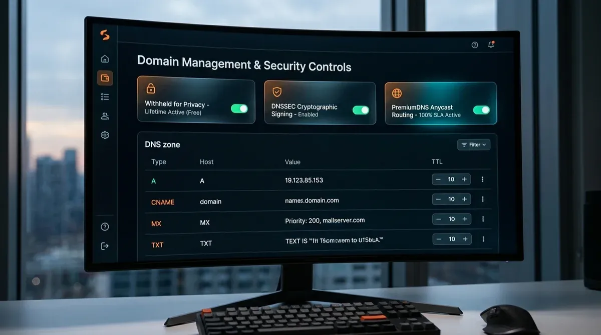 Namecheap domain management dashboard with DNSSEC, privacy, and Anycast controls