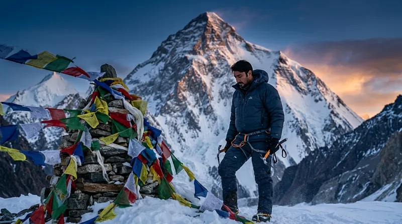 Goher paying solemn tribute at a prayer-flag draped stone cairn facing K2 and Broad Peak