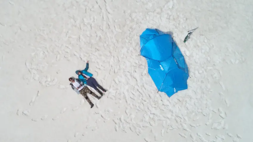 Lying on the ice at the summit plateau, a drone view from above
