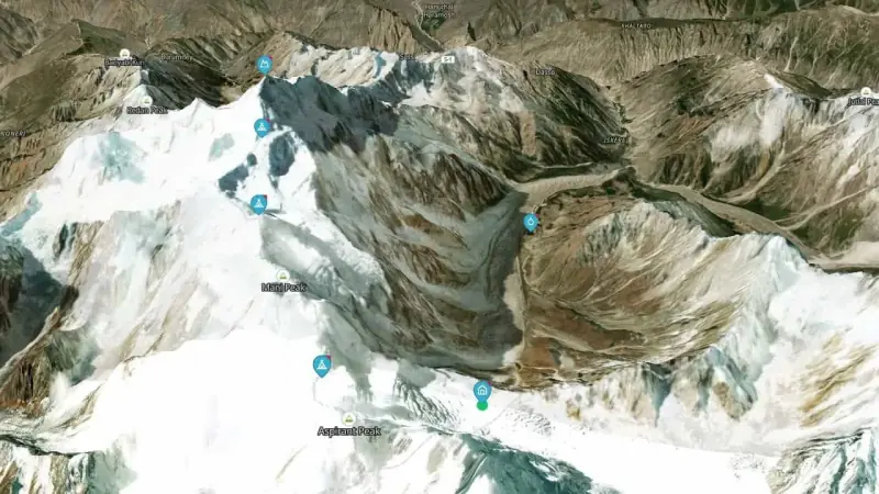 3D Satellite Route Map showing camps progression to Haramosh Summit (7,409m)